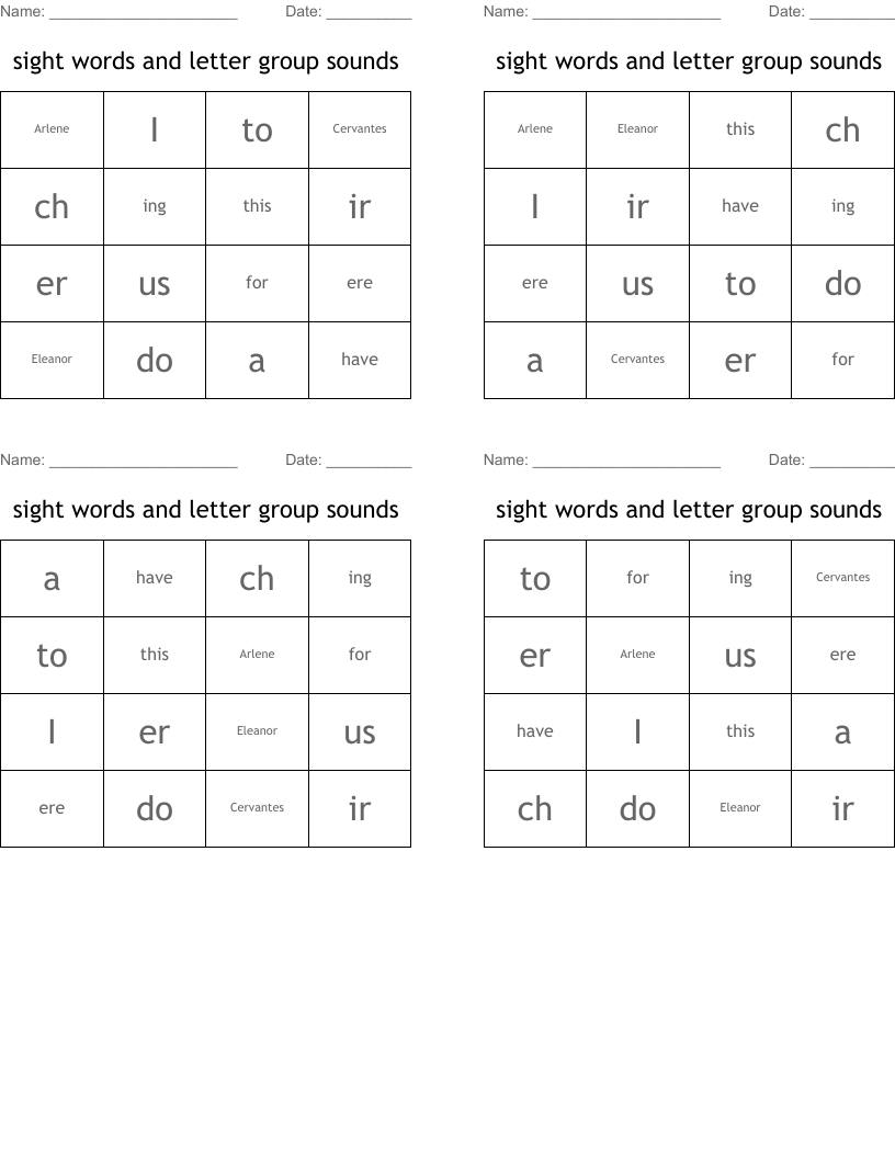 sight words and letter  group sounds Bingo Cards