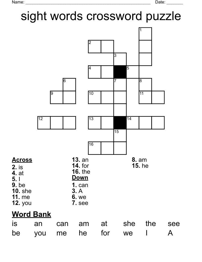 sight words crossword puzzle