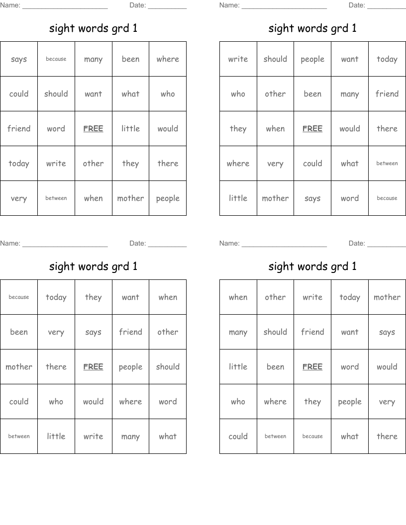 sight words grd 1 Bingo Cards