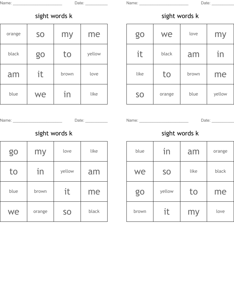 sight words k Bingo Cards
