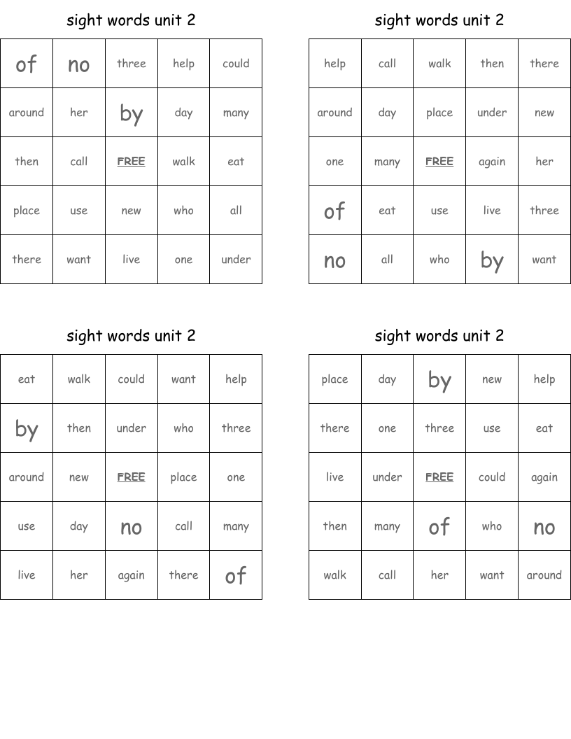 sight words unit 2 Bingo Cards
