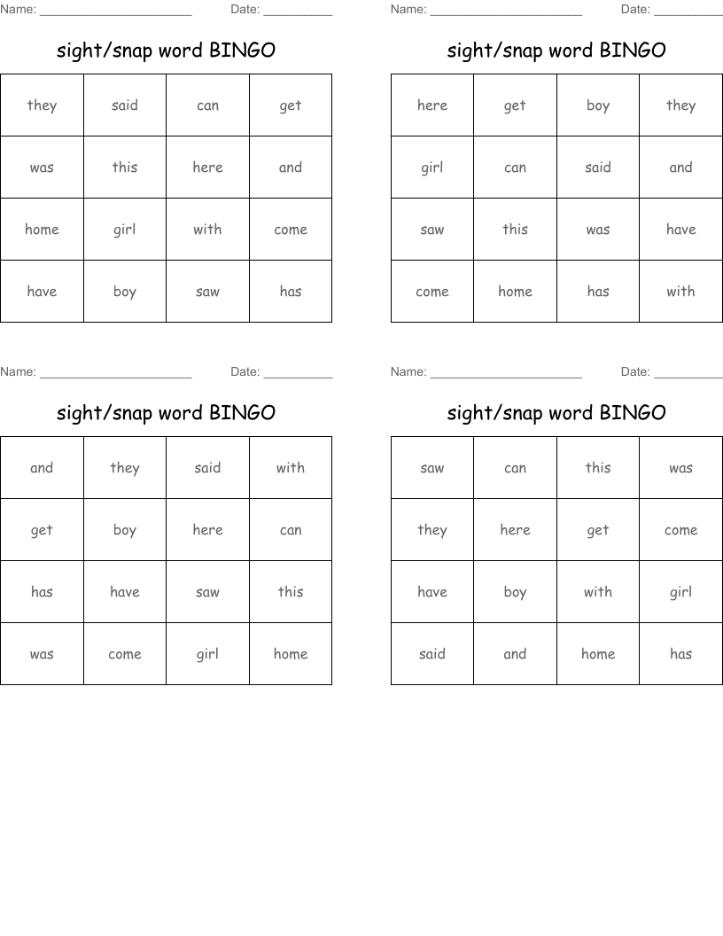 sight/snap  word BINGO