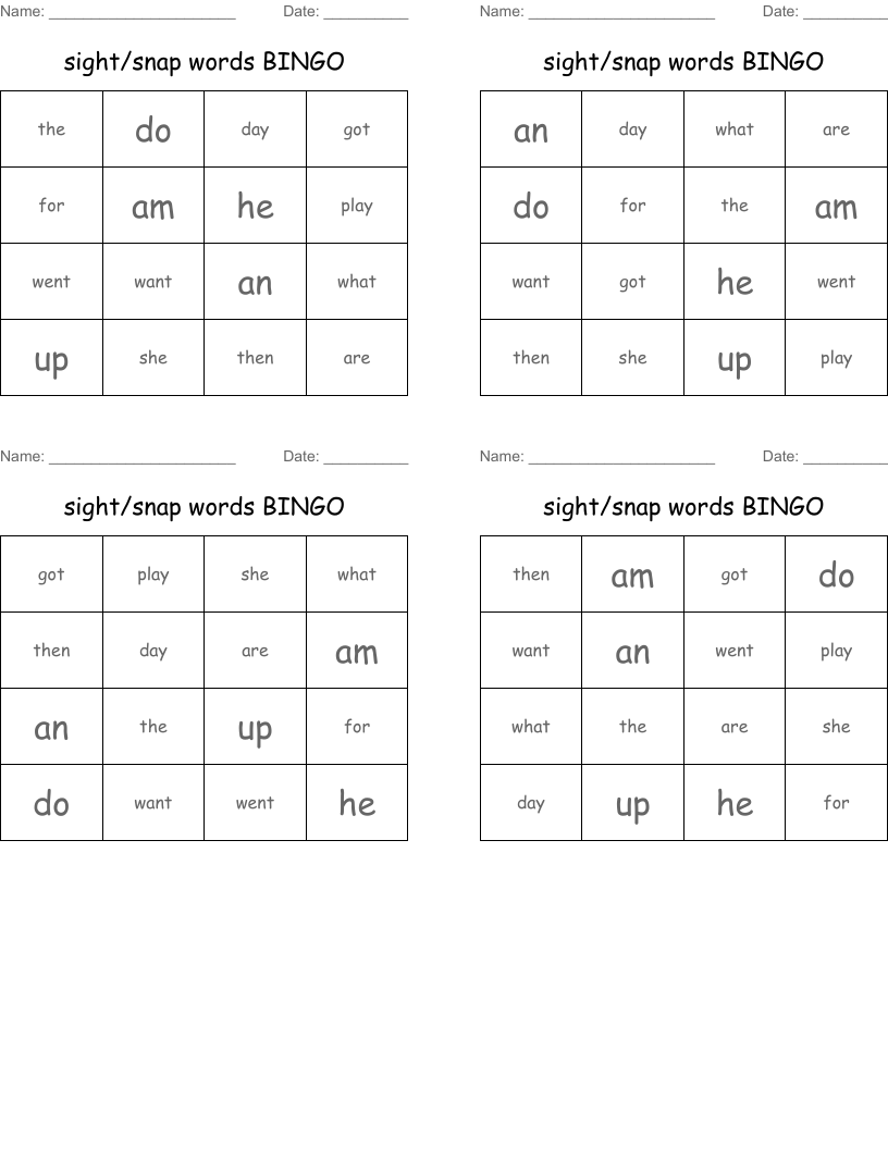 sight/snap words BINGO