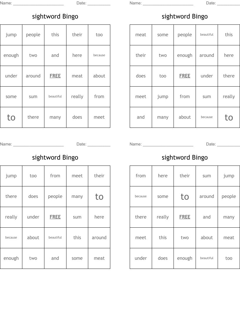 sightword Bingo