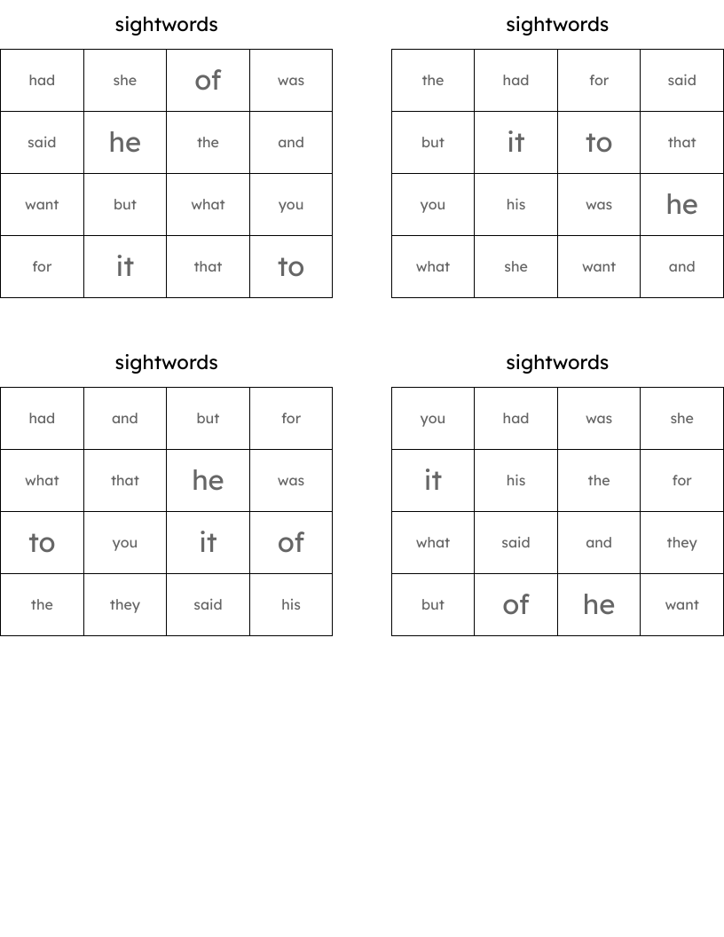 sightwords Bingo Cards