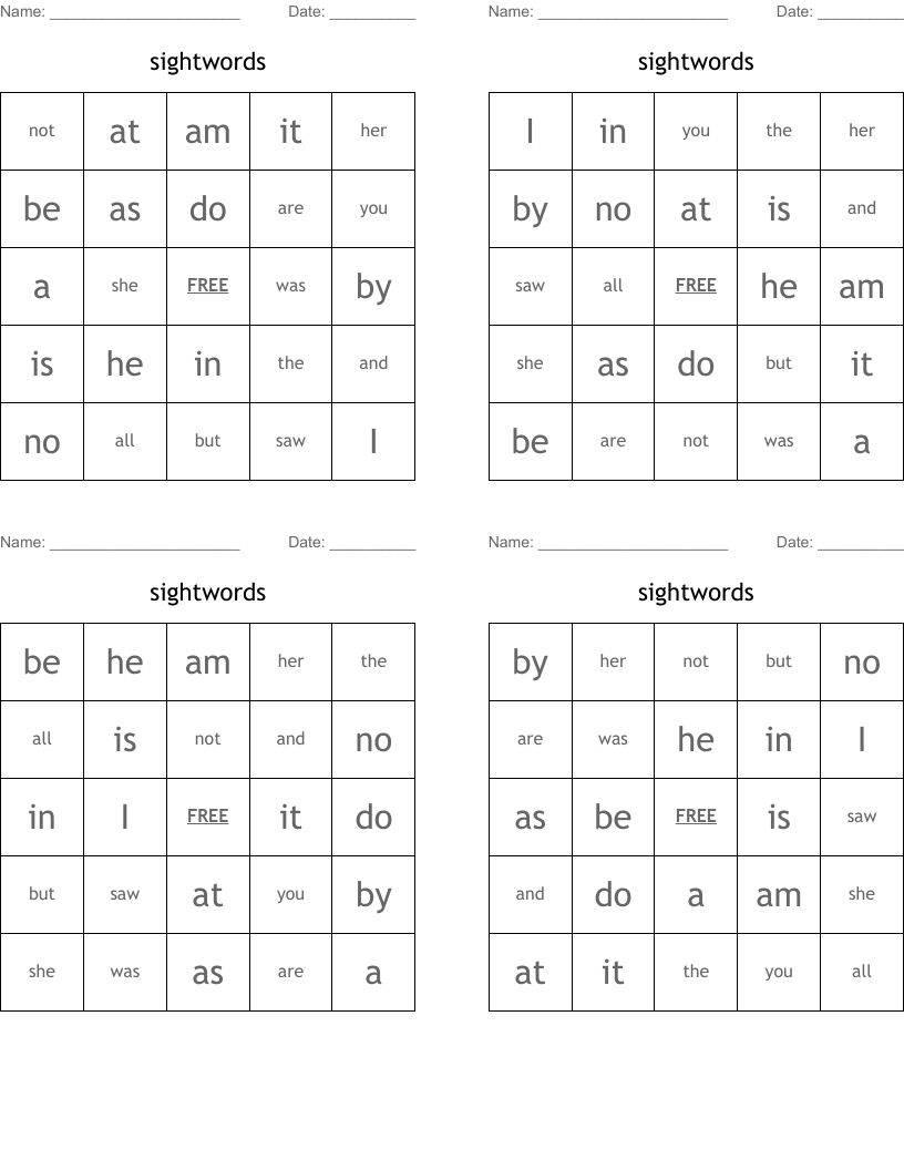 sightwords Bingo Cards