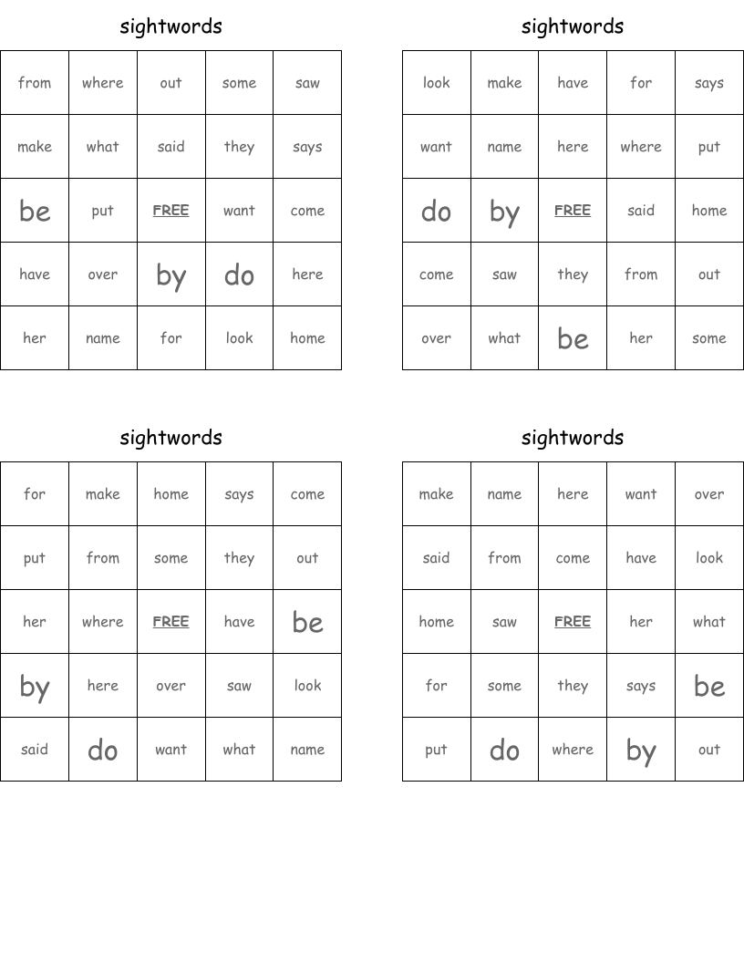 sightwords Bingo Cards