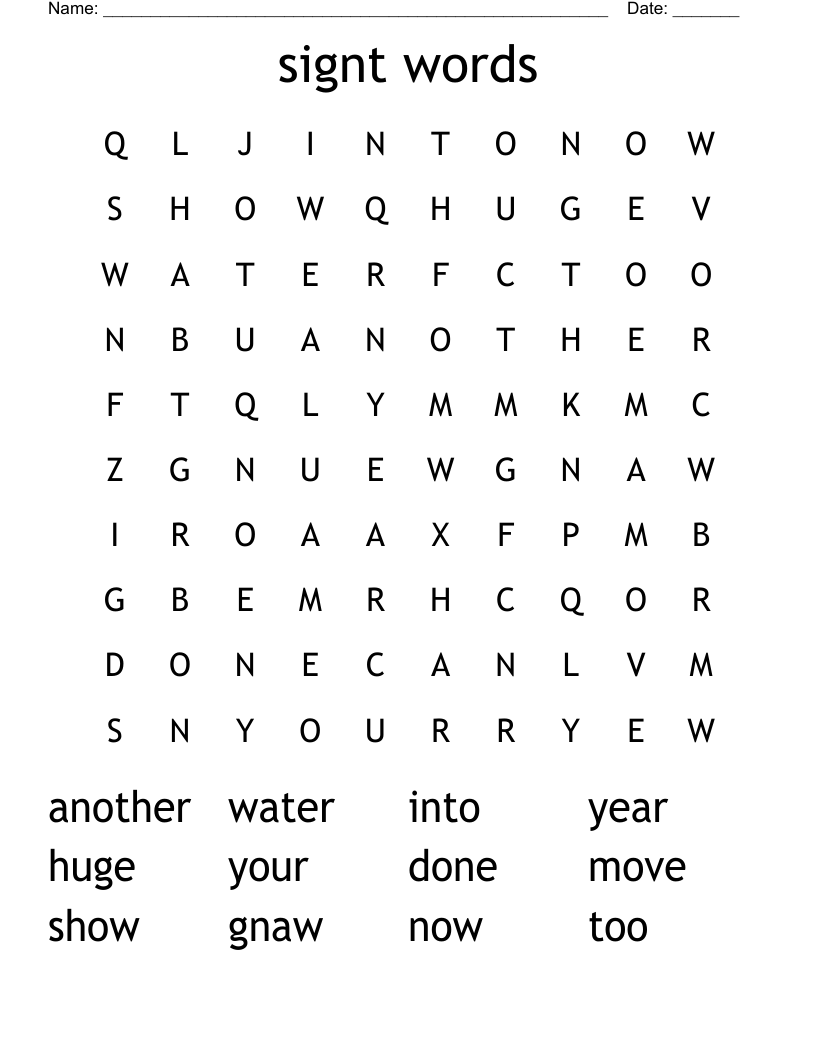 signt words Word Search