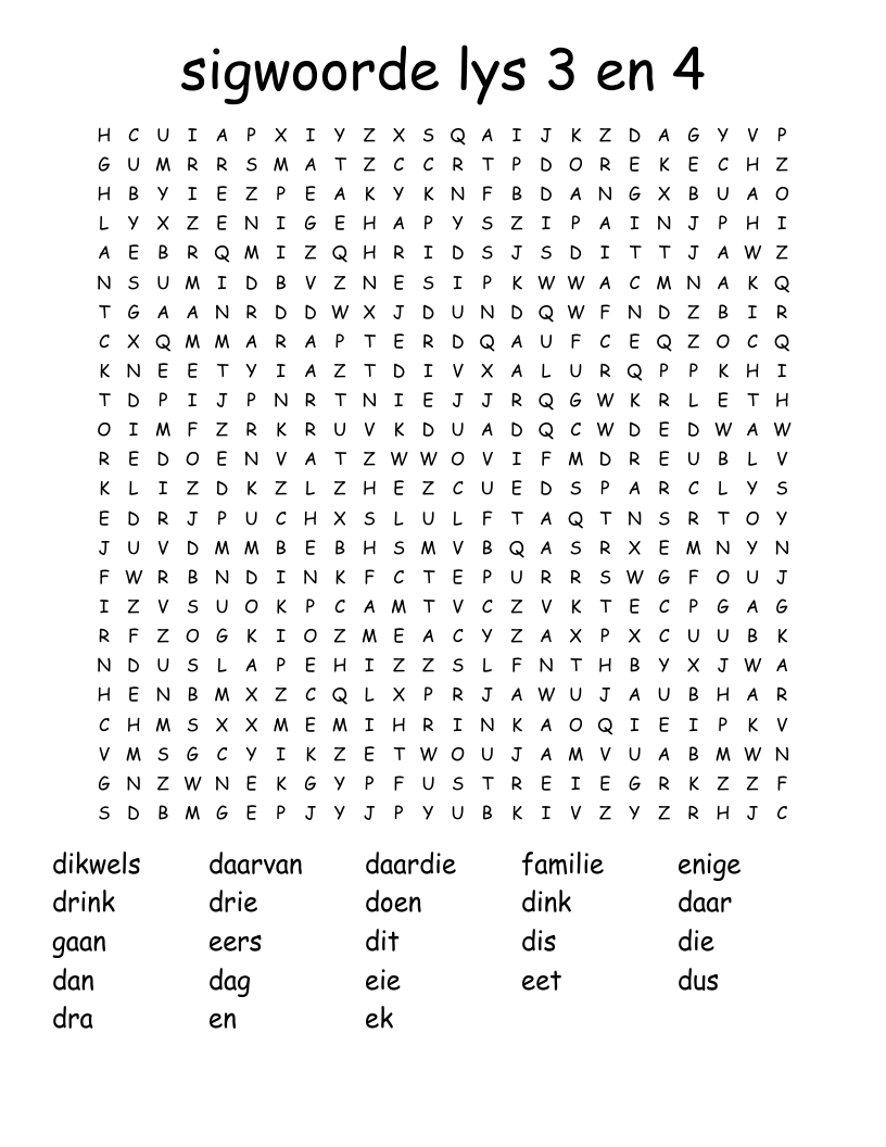 sigwoorde lys 3 en 4 Word Search
