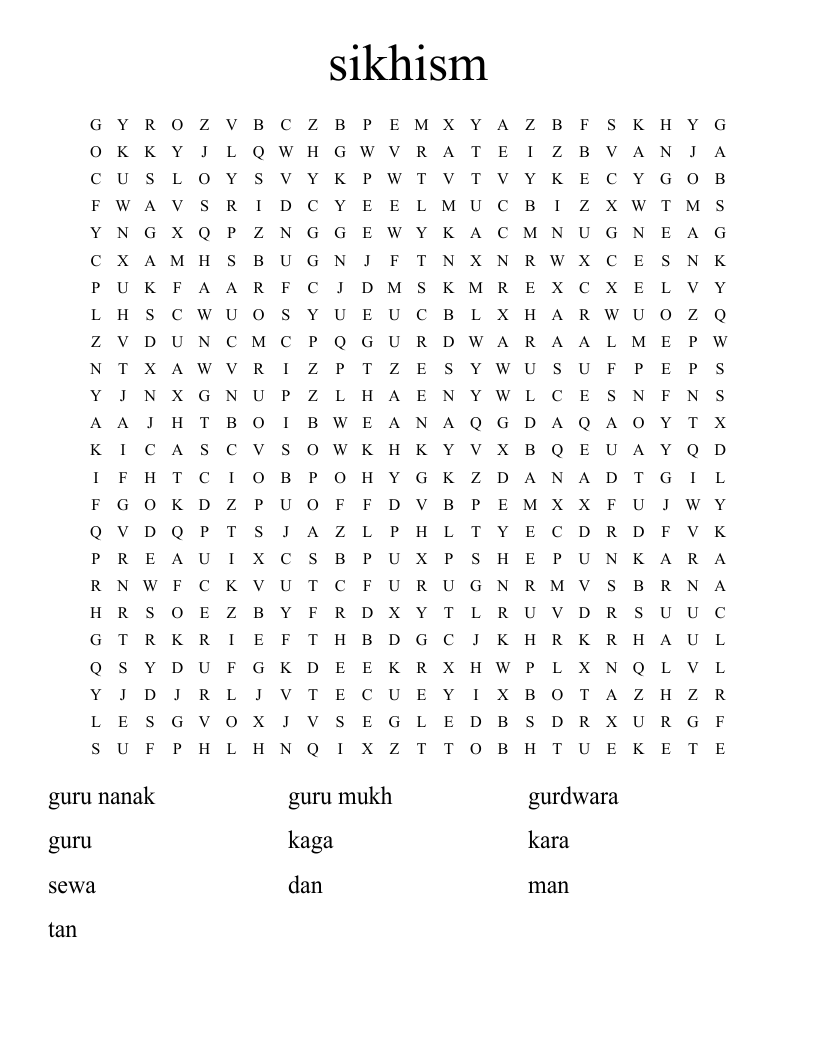 sikhism Word Search