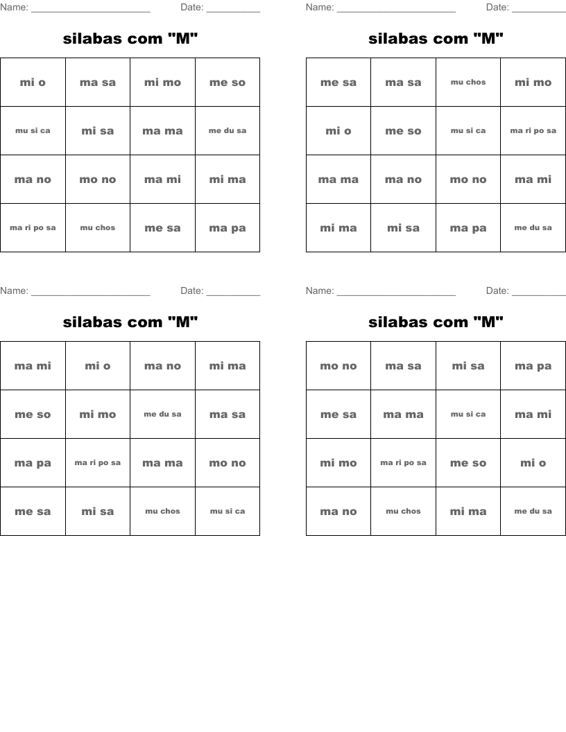 silabas com "M" Bingo Cards