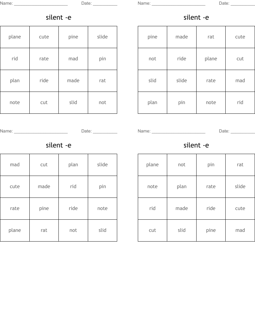 silent -e Bingo Cards