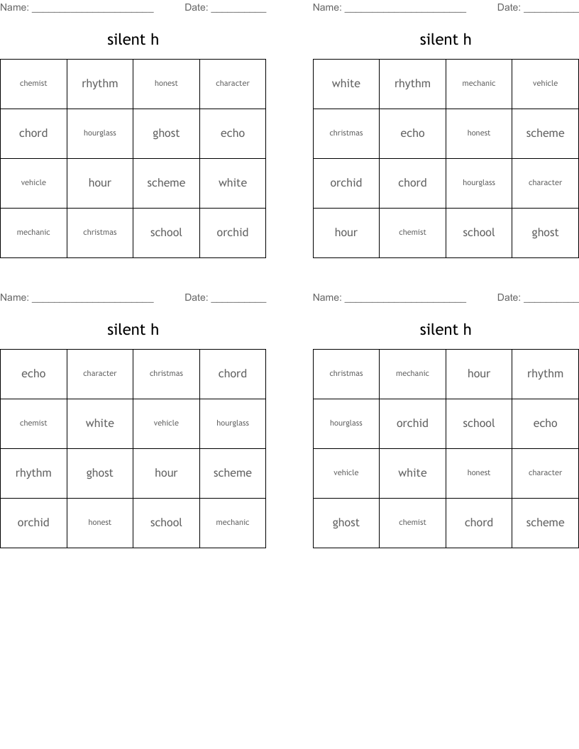 silent h  Bingo Cards