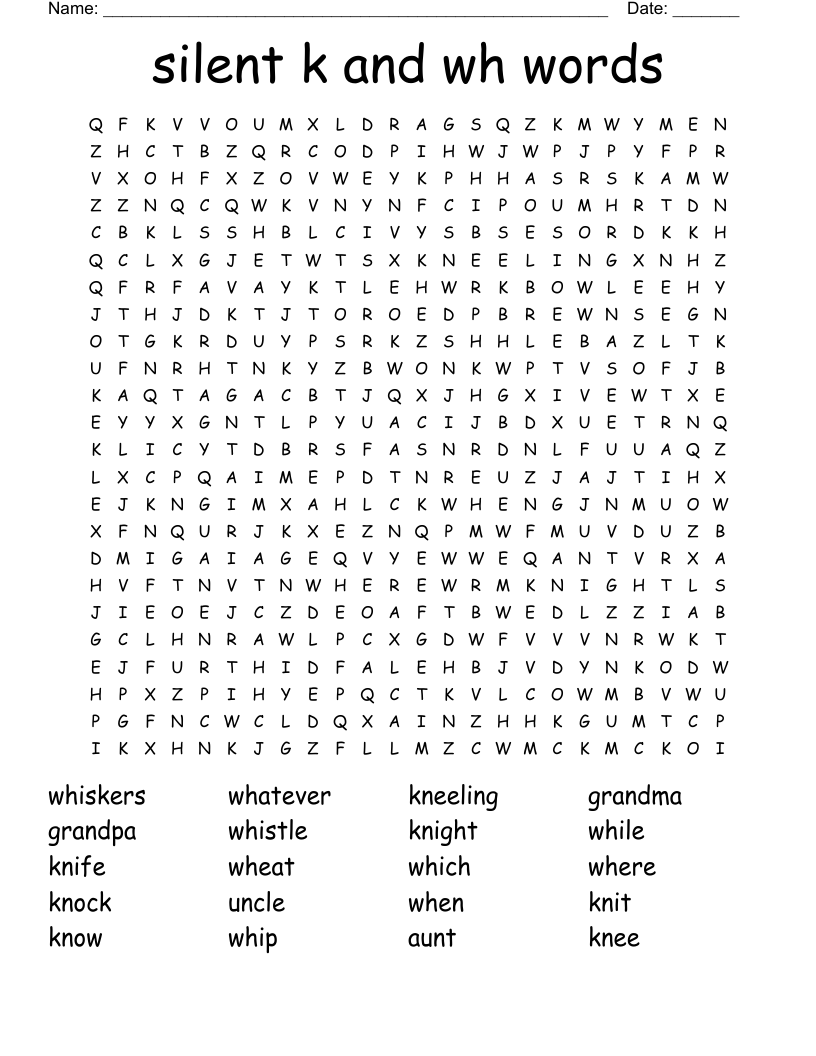 silent k and wh words Word Search