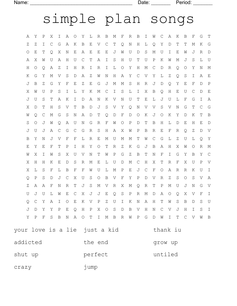 simple plan songs Word Search