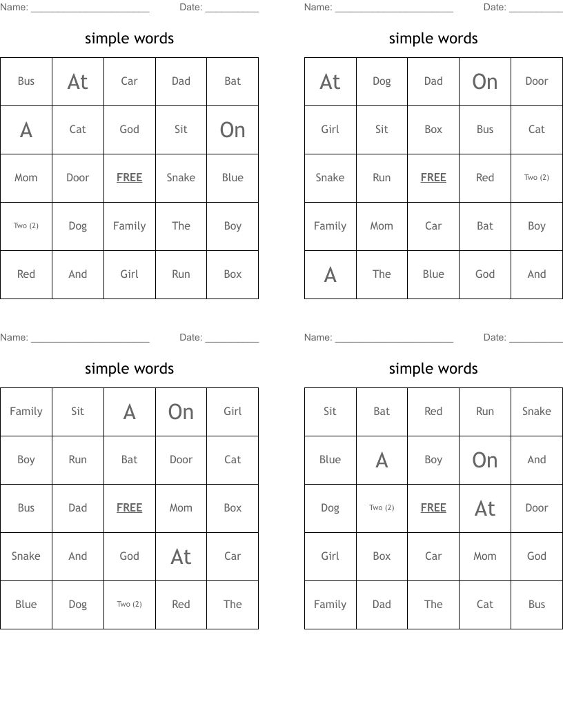 simple words Bingo Cards