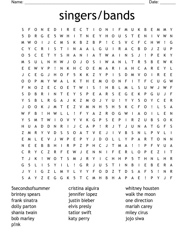 singers/bands Word Search