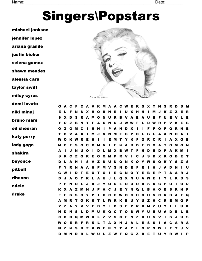 Singers\Popstars Word Search
