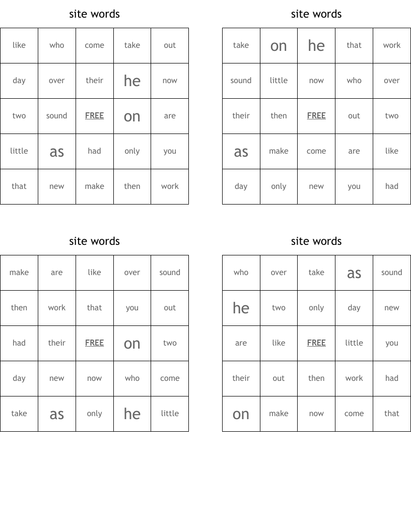 site words Bingo Cards