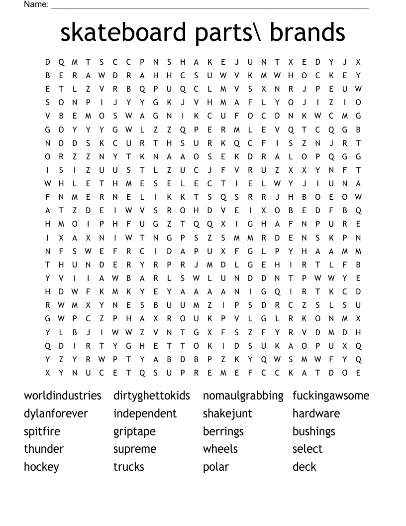 skateboard parts\ brands Word Search