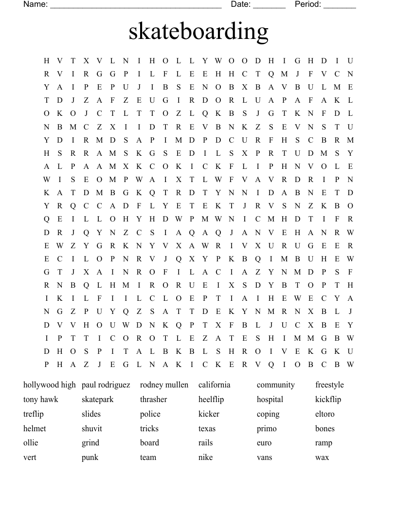 skateboarding   Word Search