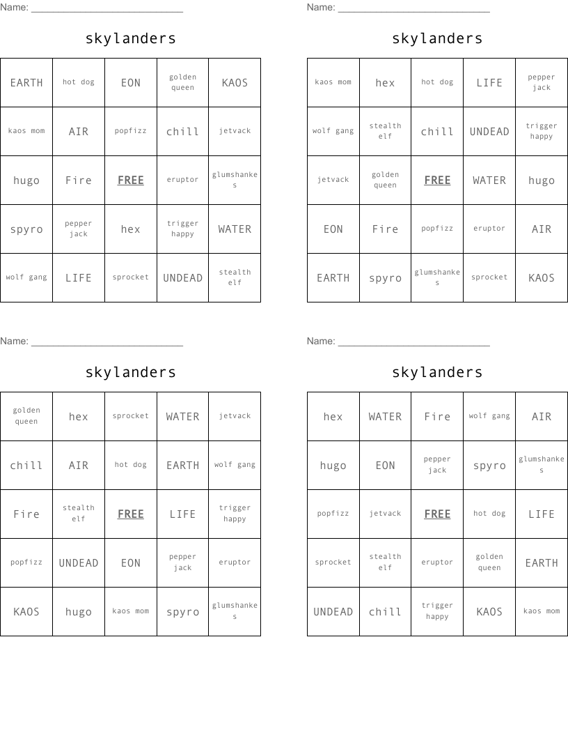skylanders Bingo Cards
