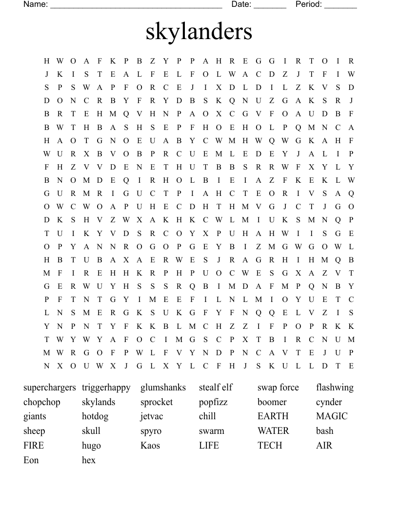 skylanders Word Search