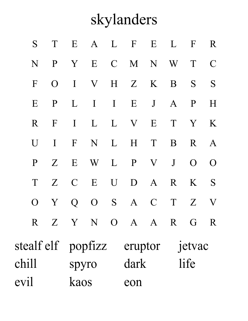 skylanders Word Search