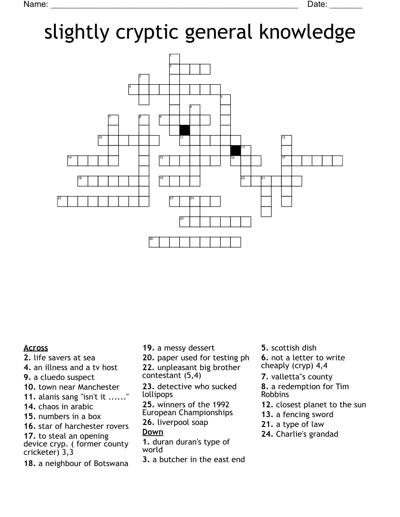 slightly cryptic general knowledge  Crossword