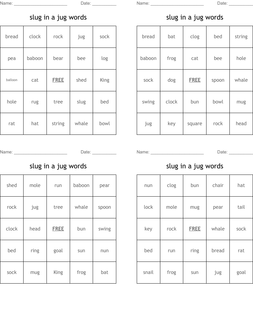 slug in a jug words Bingo Cards