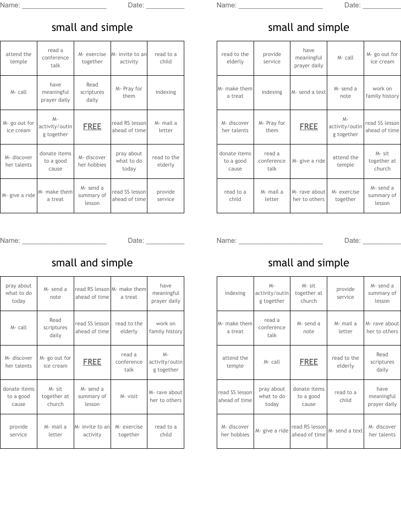 small and simple Bingo Cards