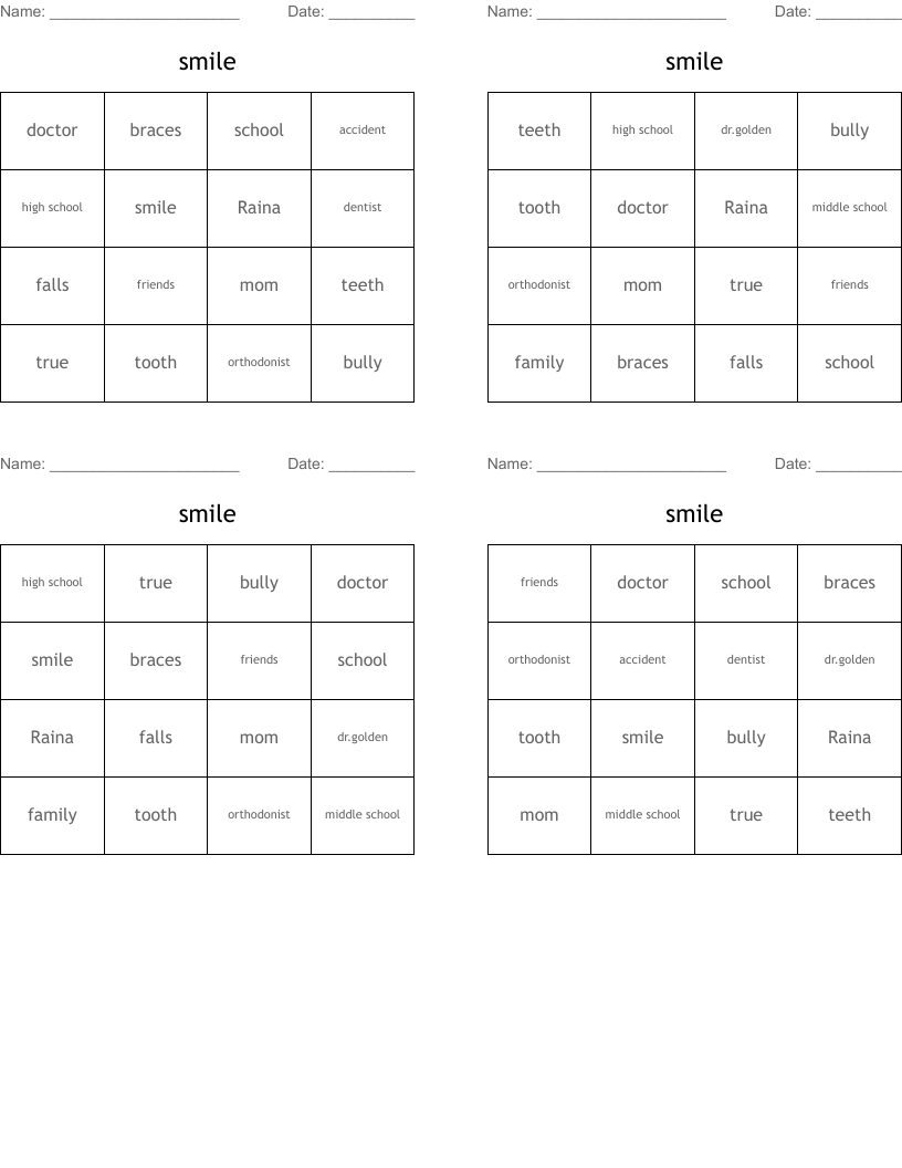 smile Bingo Cards