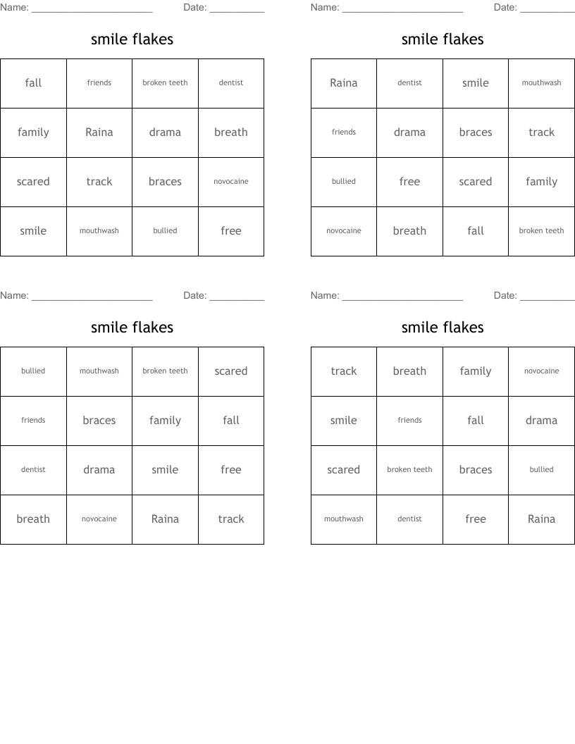 smile flakes Bingo Cards