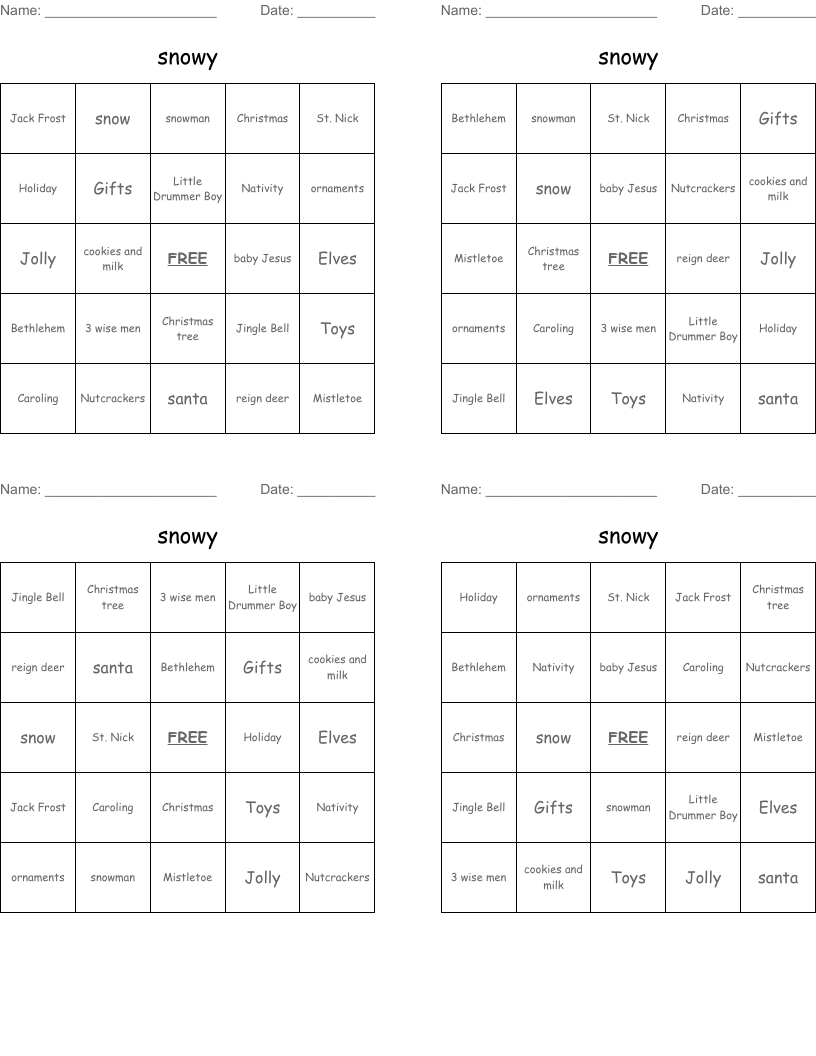 snowy Bingo Cards