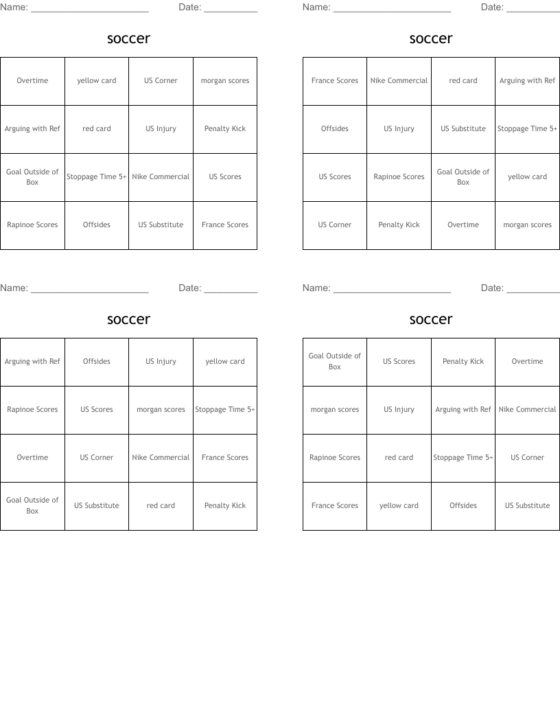 soccer Bingo Cards