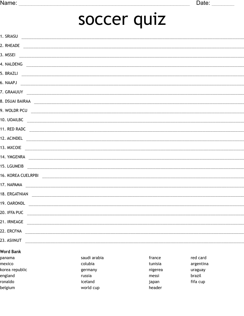 soccer quiz Word Scramble