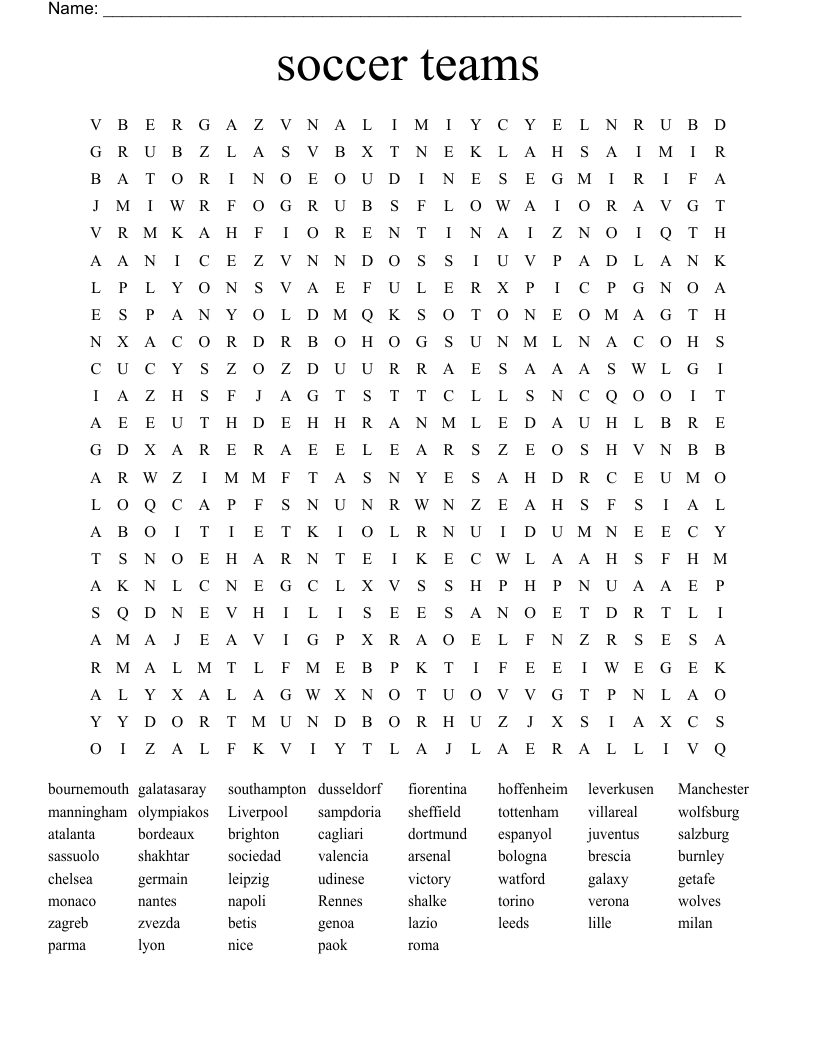 soccer teams Word Search