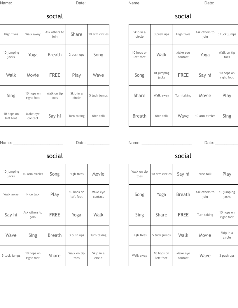 social Bingo Cards