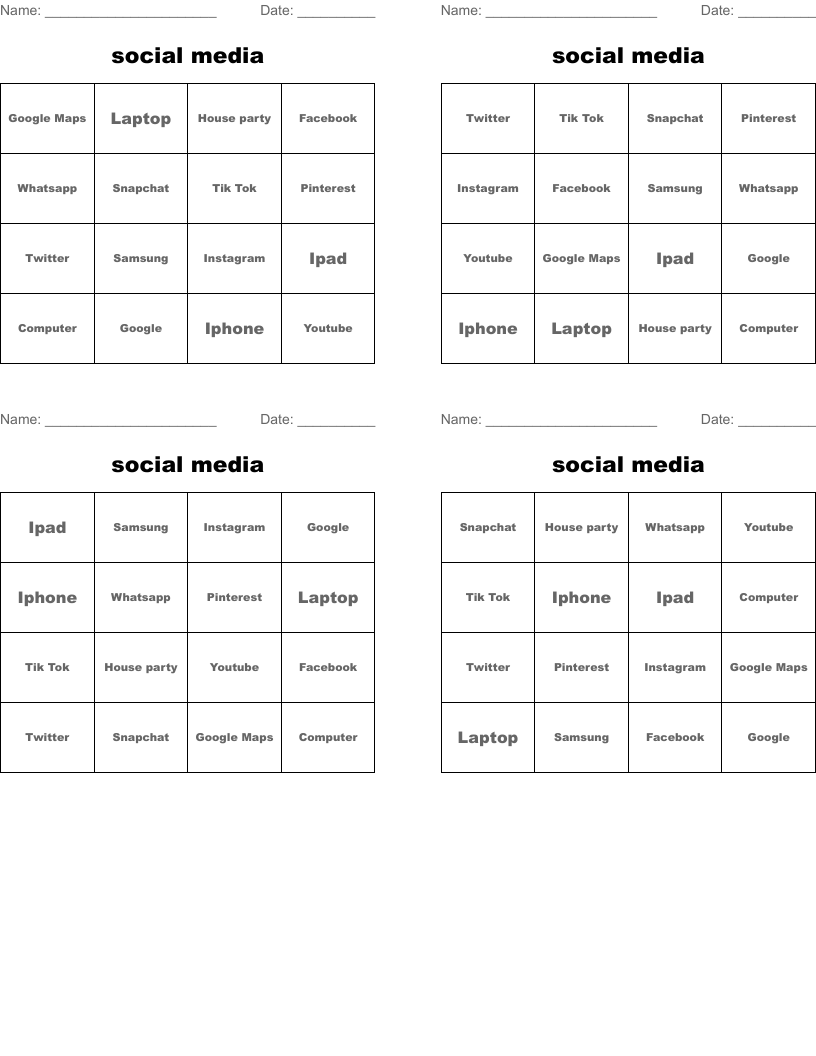 social media Bingo Cards