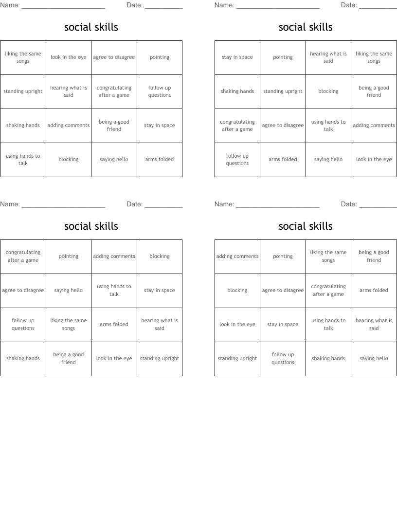 social skills Bingo Cards