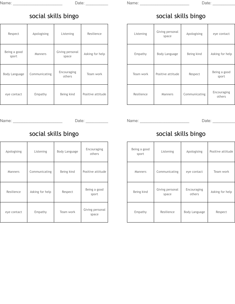 social skills bingo