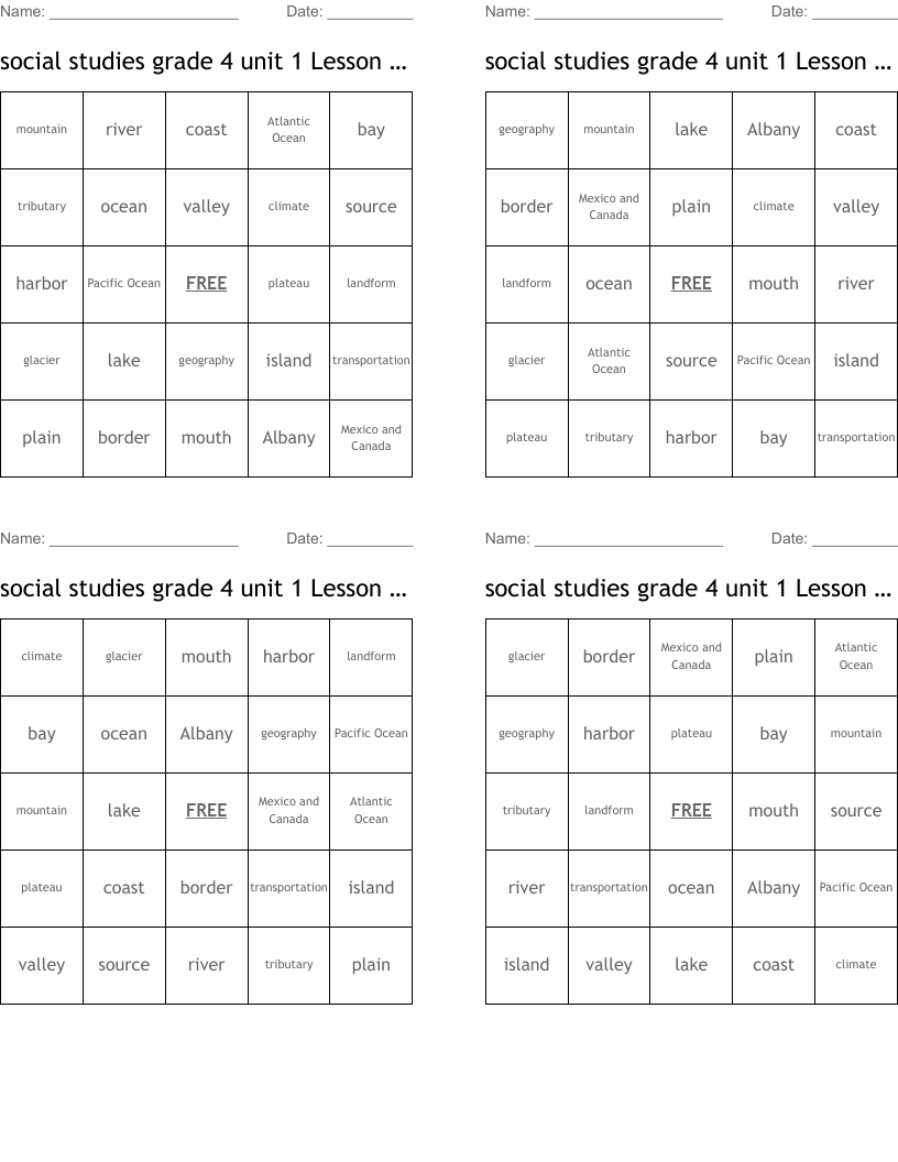 social studies grade 4 unit 1 Lesson 1vocabulary Bingo Cards