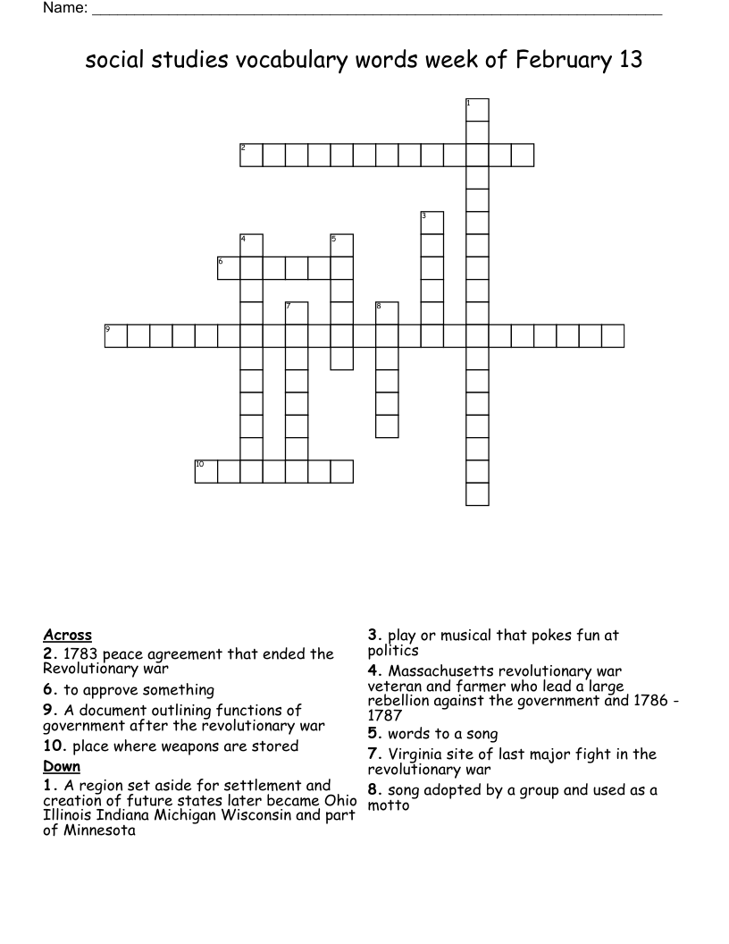 social studies vocabulary words  week of  February 13  Crossword