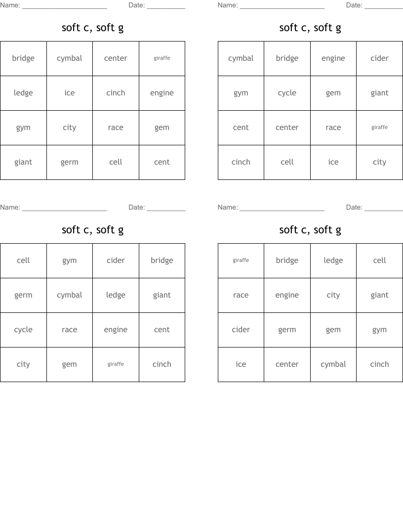 soft c, soft g Bingo Cards