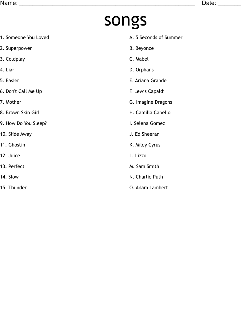 songs Worksheet