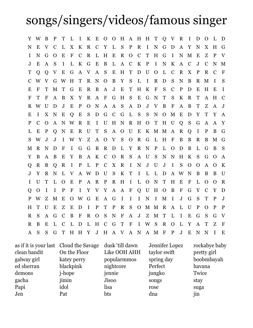 songs/singers/videos/famous singer Word Search