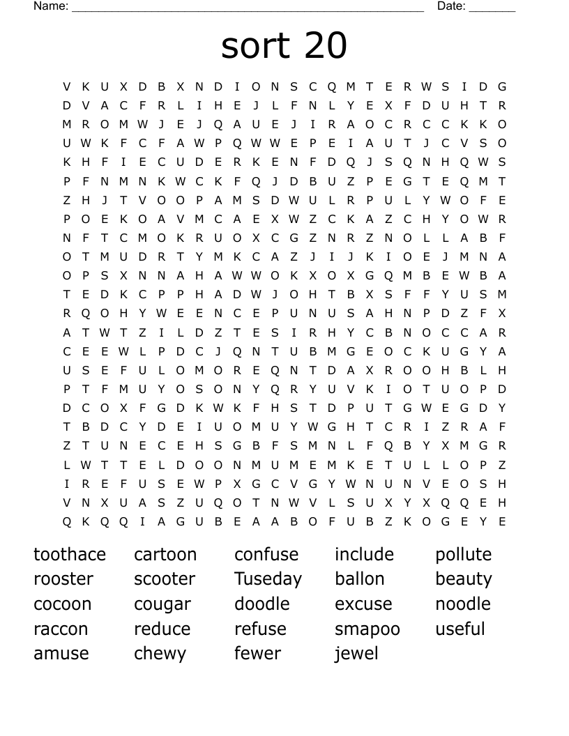 sort 20 Word Search