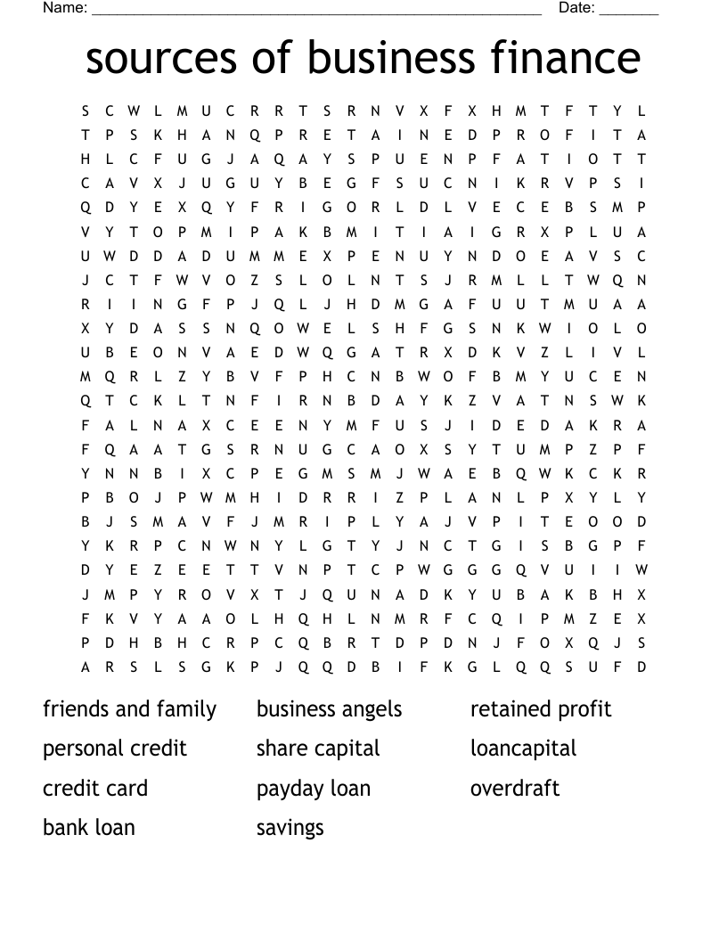 sources of business finance Word Search
