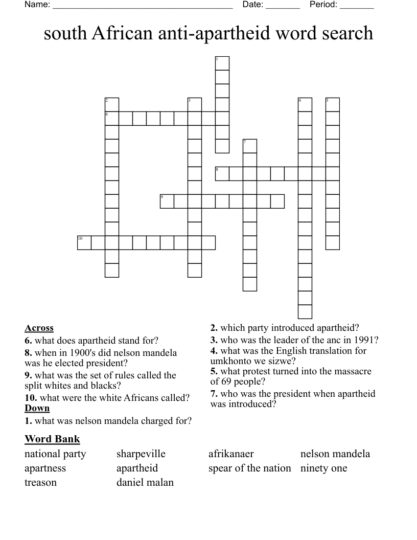 south African anti-apartheid word search Crossword