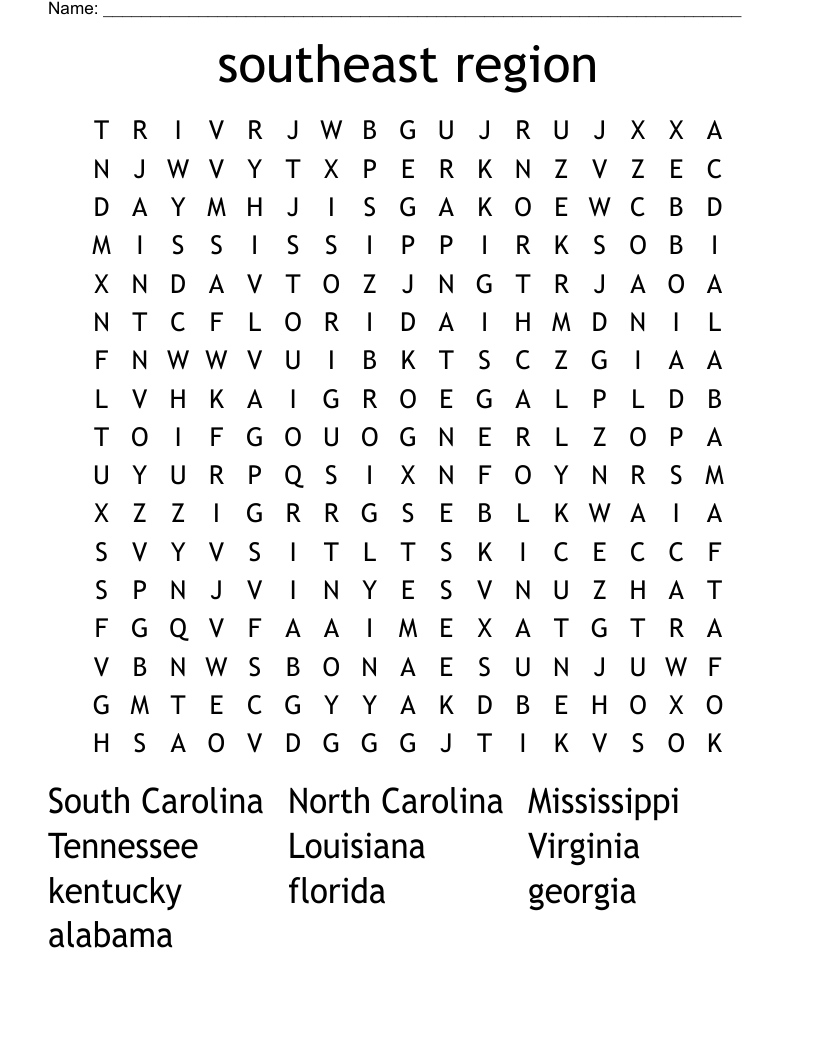 southeast region Word Search